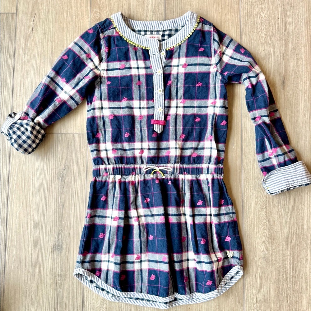 Hatley Girls Pink Blue Check Bunny Rabbit Cotton Dress  Size 8 EUC Easter